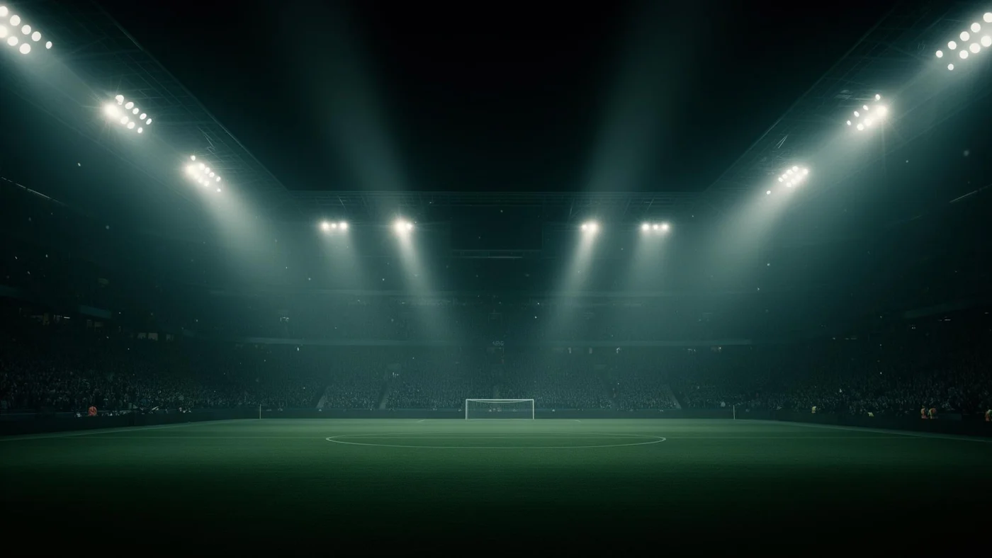 A football pitch lit by stadium floodlights